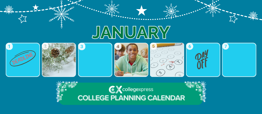 January College Planning Calendar squares with student, winter images, CX logo